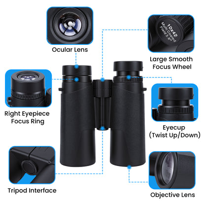 10x42 Binoculars for Adults, BAK4 Lens, IP5 Waterproof Easy Focus HD Binoculars with Clear View for Travel, Outdoor, Sports & Bird Watching