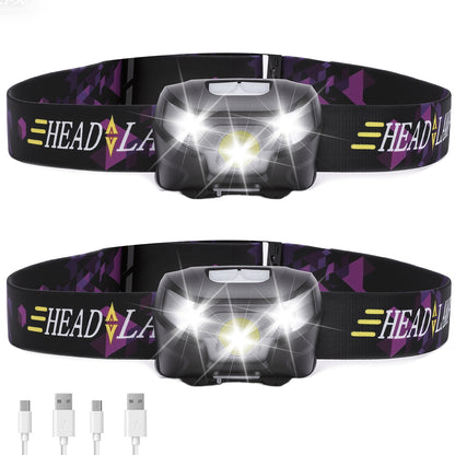 2pcs Headlamp Water Proof Rechargeable Long Battery Life Bright Head Mounted Flashlight with Motion Sensor for Outdoor Fishing
