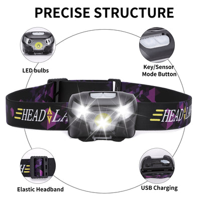 2pcs Headlamp Water Proof Rechargeable Long Battery Life Bright Head Mounted Flashlight with Motion Sensor for Outdoor Fishing