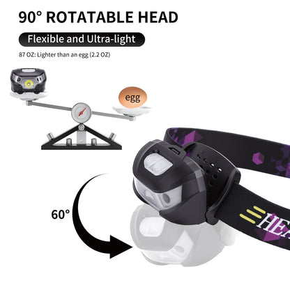 2pcs Headlamp Water Proof Rechargeable Long Battery Life Bright Head Mounted Flashlight with Motion Sensor for Outdoor Fishing