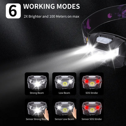 2pcs Headlamp Water Proof Rechargeable Long Battery Life Bright Head Mounted Flashlight with Motion Sensor for Outdoor Fishing