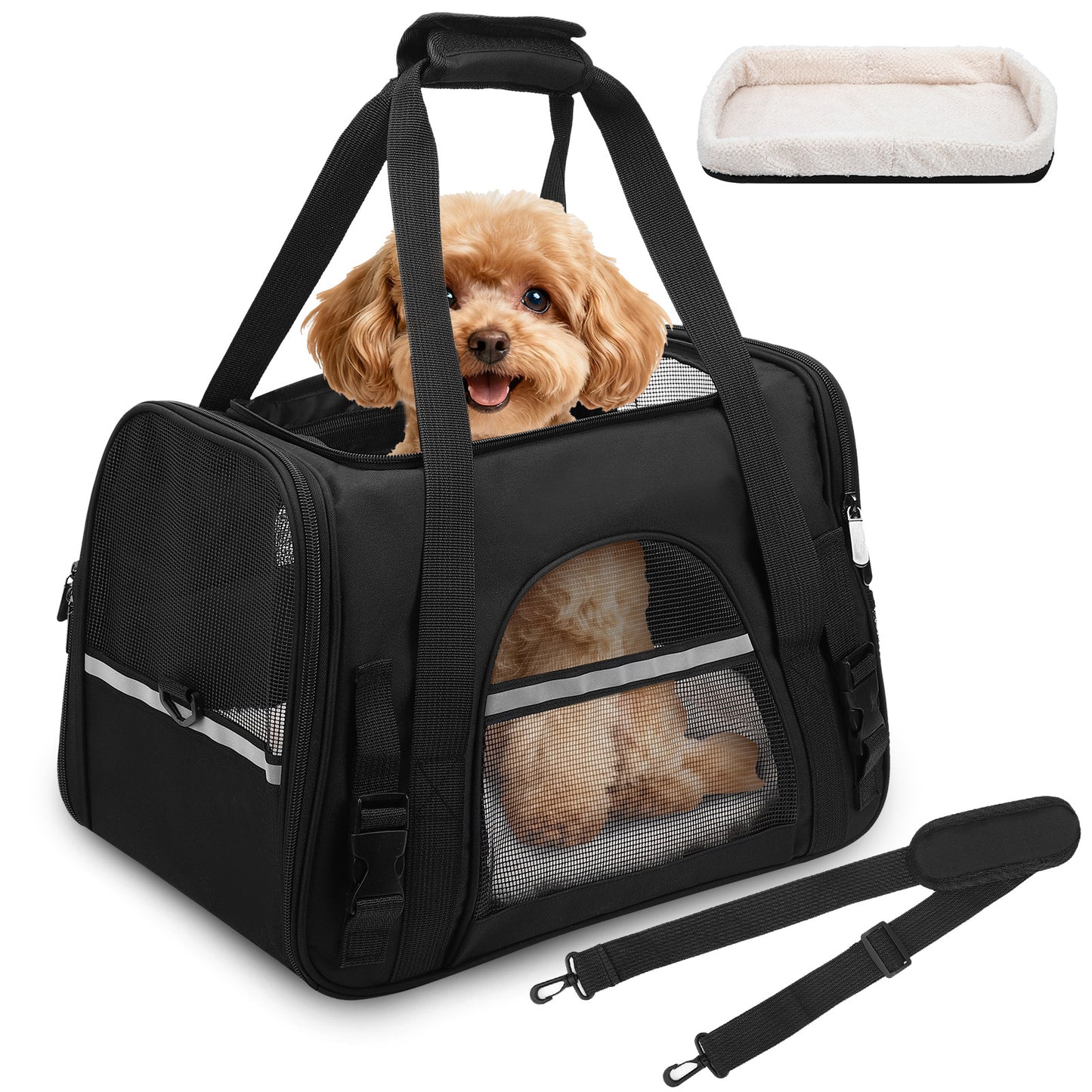 Pet Carrier Backpack with Ventilated Mesh, Luggage Strap & Seatbelt Attachment, Multiple Zipper Entrances, Lightweight Travel Carrier for Cats and Small Dogs