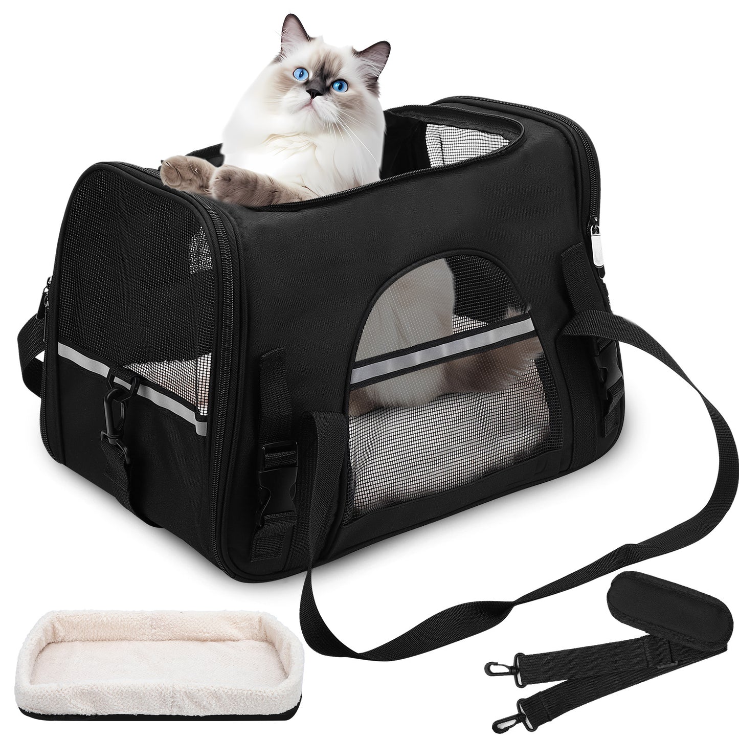Pet Carrier Backpack with Ventilated Mesh, Luggage Strap & Seatbelt Attachment, Multiple Zipper Entrances, Lightweight Travel Carrier for Cats and Small Dogs