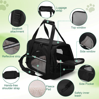 Pet Carrier Backpack with Ventilated Mesh, Luggage Strap & Seatbelt Attachment, Multiple Zipper Entrances, Lightweight Travel Carrier for Cats and Small Dogs