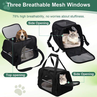 Pet Carrier Backpack with Ventilated Mesh, Luggage Strap & Seatbelt Attachment, Multiple Zipper Entrances, Lightweight Travel Carrier for Cats and Small Dogs