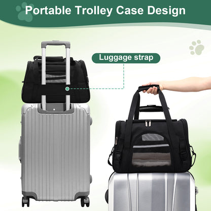 Pet Carrier Backpack with Ventilated Mesh, Luggage Strap & Seatbelt Attachment, Multiple Zipper Entrances, Lightweight Travel Carrier for Cats and Small Dogs