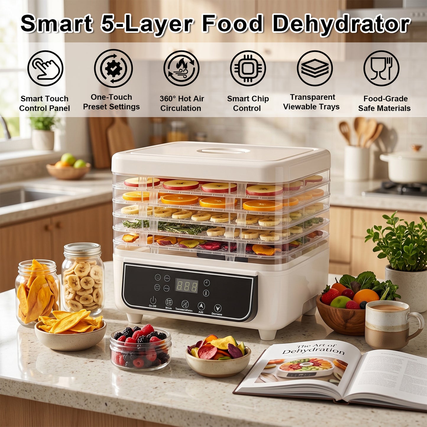 Food Dehydrator, 5 Trays LED Screen Dryer with 72 Hour Timer Temperature Control, 360 Hot Air Circulation for Jerky Meat Fruit Vegetable Dog Treats Home Kitchen Use