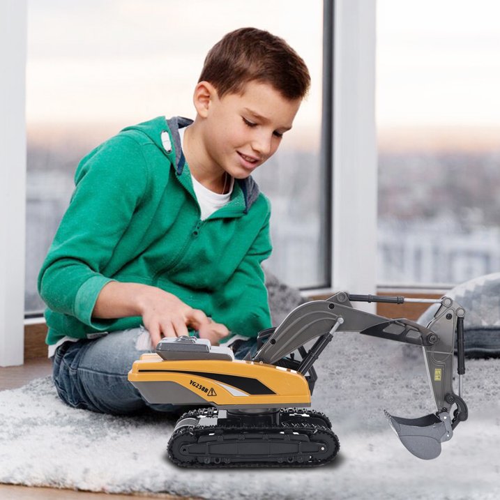 Remote Control Excavator Toys with Metal Shovel & Lights, 8 Channel RC Truck Rechargeable Tractor Toy Gift