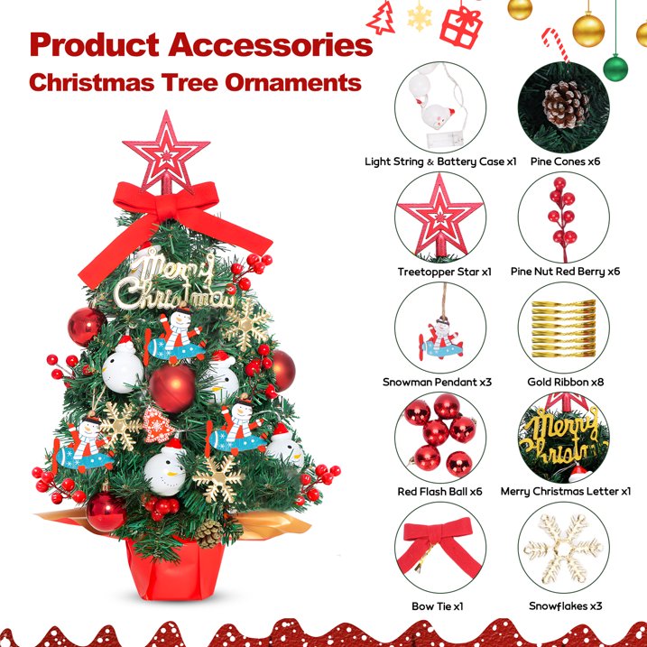 24" Mini Christmas Tree with LED Snowman Globe String Lights/Pine Cones Xmas Balls, Tabletop Christmas Tree with 36 Ornaments, Small Artificial Xmas Spruce Tree for Holiday Indoor Christmas Decor