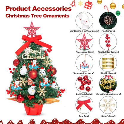 24" Mini Christmas Tree with LED Snowman Globe String Lights/Pine Cones Xmas Balls, Tabletop Christmas Tree with 36 Ornaments, Small Artificial Xmas Spruce Tree for Holiday Indoor Christmas Decor