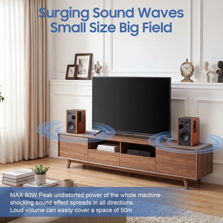 80W Powered Bookshelf Speakers, Bluetooth 5.3 HiFi Wireless Speaker with 4 inch Woofer, AUX/USB/Optical Inputs, Remote Control, Bass & Treble Adjust, Wooden Enclosure for PC TV Gaming Turntable