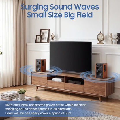 80W Powered Bookshelf Speakers, Bluetooth 5.3 HiFi Wireless Speaker with 4 inch Woofer, AUX/USB/Optical Inputs, Remote Control, Bass & Treble Adjust, Wooden Enclosure for PC TV Gaming Turntable