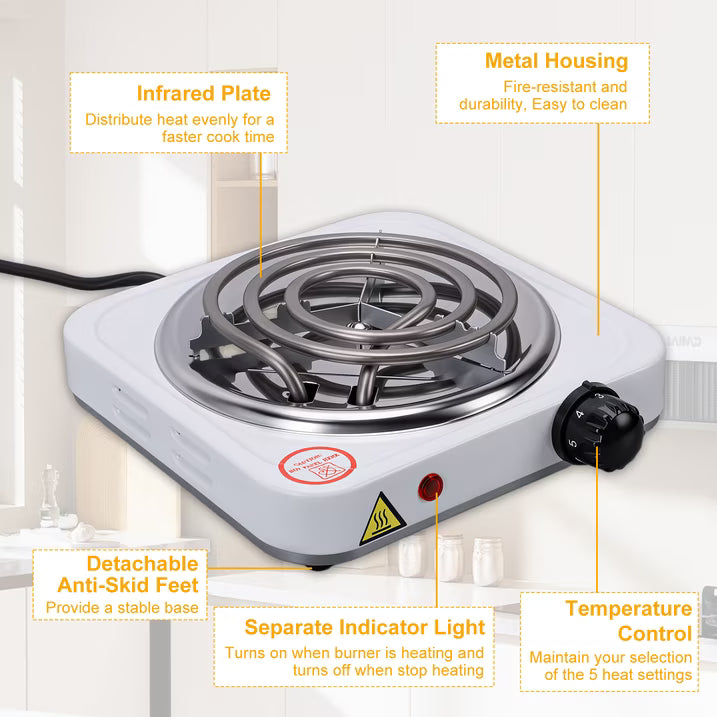 Electric Countertop Single Burner, 1000W Cooktop with 6" Stainless Steel Coil Hot Plate, 5 Level Temperature Control, Indicator Light, Compact Cooking Stove and Easy to Clean, Whtie