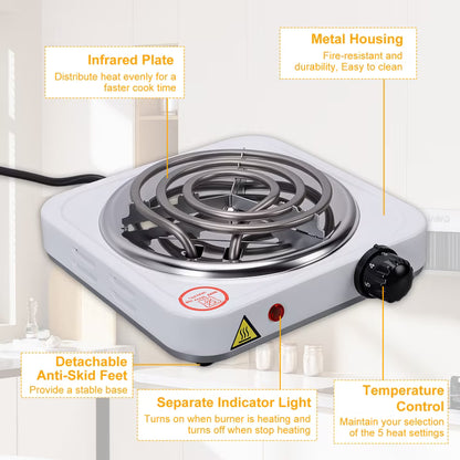 Electric Countertop Single Burner, 1000W Cooktop with 6" Stainless Steel Coil Hot Plate, 5 Level Temperature Control, Indicator Light, Compact Cooking Stove and Easy to Clean, Whtie