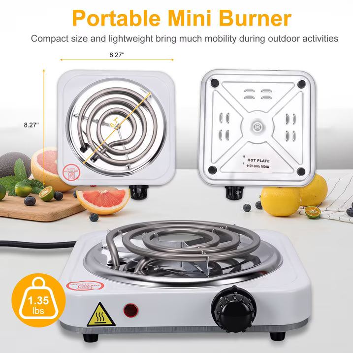 Electric Countertop Single Burner, 1000W Cooktop with 6" Stainless Steel Coil Hot Plate, 5 Level Temperature Control, Indicator Light, Compact Cooking Stove and Easy to Clean, Whtie