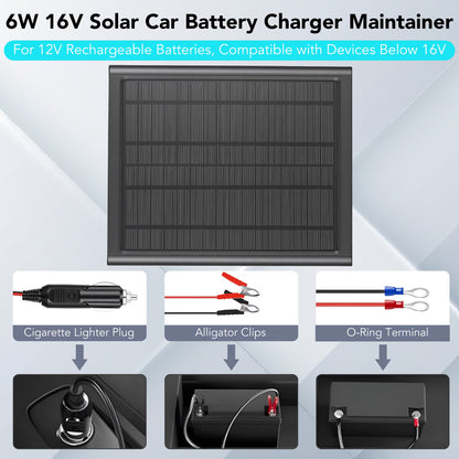 Upgraded 6W Solar Battery Trickle Charger Maintainer, 16V Portable Waterproof Solar Panel Trickle Charging Kit for Car, Automotive, Motorcycle, Boat, Marine, RV, Trailer, Snowmobile, etc