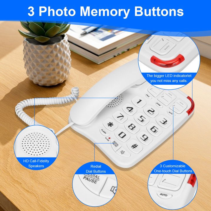 Big Button Phone for Seniors, Corded Landline Telephone with 3 Picture Keys, Adjustable Volume & Ringing, One-Touch Dialling Phones for Elderly Suitable People with Vision Disorders/Hearing Damage