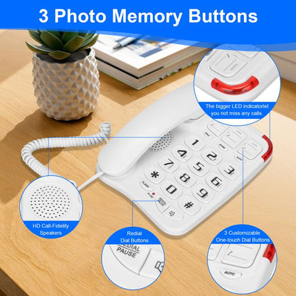 Big Button Phone for Seniors, Corded Landline Telephone with 3 Picture Keys, Adjustable Volume & Ringing, One-Touch Dialling Phones for Elderly Suitable People with Vision Disorders/Hearing Damage