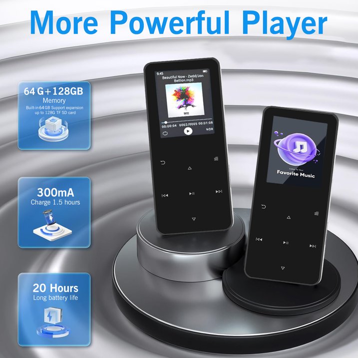 64GB MP3 Player with Bluetooth 5.0 Portable Digital Music Player with Speaker, Voice Recorder, E-Book, Video, 1.8 inch Screen Touch Buttons Digital Audio Player, Black