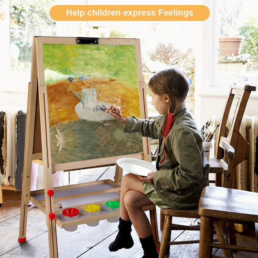 EBTOOLS Kids Wooden Art Easel, Double Sided Whiteboard Chalkboard Children Easel,Adjustable Height  Dry Easel Drawing with Kids Art Easel Playset for Boys Girls Gifts Painting Accessories