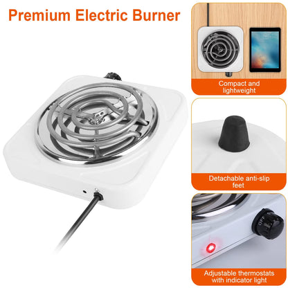 Electric Hot Plate for Cooking, 1000W Stainless Steel Electric Stove Burner with 5 Level Temperature Control, Portable Stove for Home Dorm Office Kitchen Camping Single Burner Electric Cooktop, White
