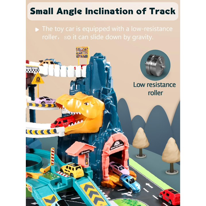 Dinosaur Rail Car Toys, Dinosaur Climbing Hills Railcar Colorful Vehicles Construction Play Set w/ 4 Racer Cars & Lifting Parking Lot, Winding Highway Dinosaur Hill for Preschool Gifts Kids Ages 3+
