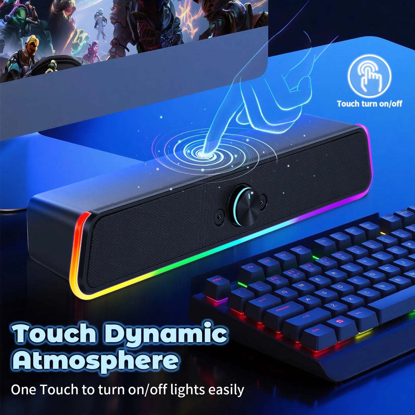Computer Speakers with Clear Sound, USB Plug & Play PC HiFi Speakers Sound Bar with Dynamic LED Light, 3.5mm Cable Stereo Sound Gaming Speaker for PC Desktop Monitor Laptop, One-knob Control