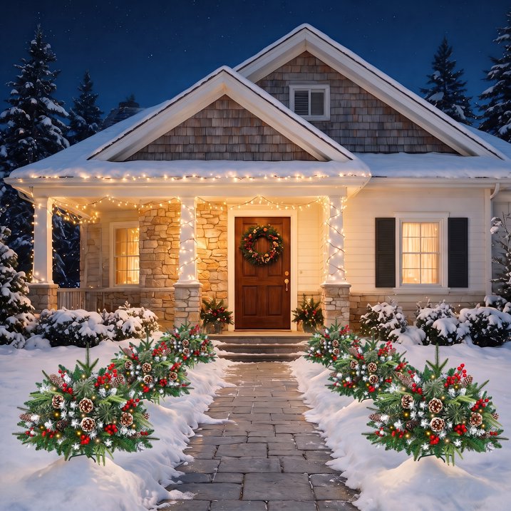 2 Pack 24" Lighted Pathway Christmas Tree Outdoor Urn Filler, Artificial Xmas Pine Trees with Tripod Stake, Battery Powered LED Lights, Snowy Pinecone Berries Decorations for Porch, Driveway, Yard