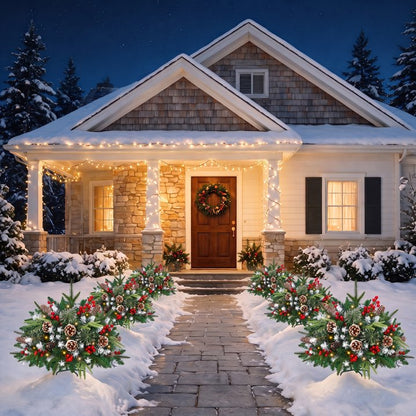 2 Pack 24" Lighted Pathway Christmas Tree Outdoor Urn Filler, Artificial Xmas Pine Trees with Tripod Stake, Battery Powered LED Lights, Snowy Pinecone Berries Decorations for Porch, Driveway, Yard