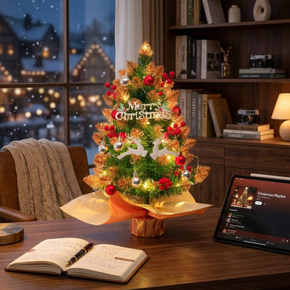 Mini Christmas Tree with Lights, Battery Operated 18 inch Small Artificial Table Top Christmas Tree Decoration with Red Berries, Ball Ornaments, Deer Ornaments DIY Holiday Home Office Indoor Decor