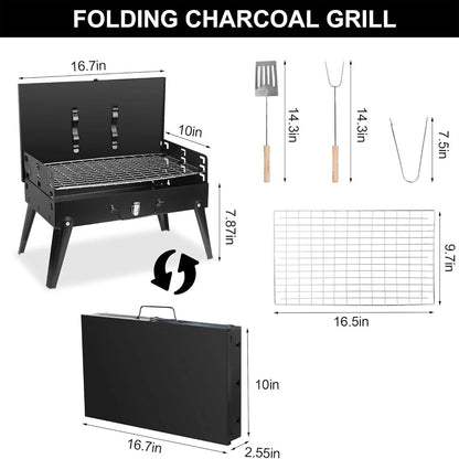 Portable Charcoal Grill, Foldable BBQ Grill Tabletop Lightweight Iron Charcoal Grill with Vent/Foldable Legs for Outdoor Camping Picnics Patio Tailgating Travel Garden Grilling with Shovel Fork Hooks