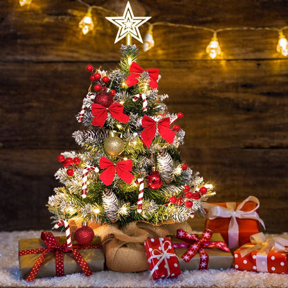 24 inch Tabletop Christmas Tree, 2ft Pre-Lit Christmas Tree w/ Star Treetop, Mini Xmas Small potted Tree w/ LED String Lights, Branch Tips DIY Ornaments, Pine Cones, Balls for Table Indoor Home, Red