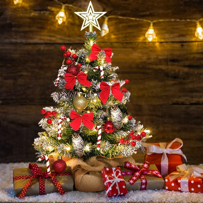 24 inch Tabletop Christmas Tree with LED String Lights Mini Christmas Tree with Frosted Branch Tips DIY Ornaments, 2ft Xmas Small Cedar Tree with Pine Cones/Christmas Balls for Table Indoor Home, Red