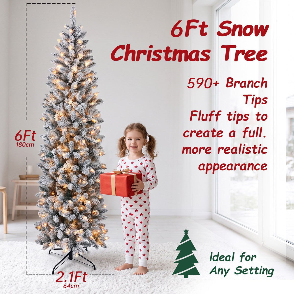 6ft Pencil Christmas Tree, Artificial Slim White Christmas Tree with 436 PVC Needles & Folding Metal Stand, Unlit Xmas Tree for Home Office Shops Hotels Decoration