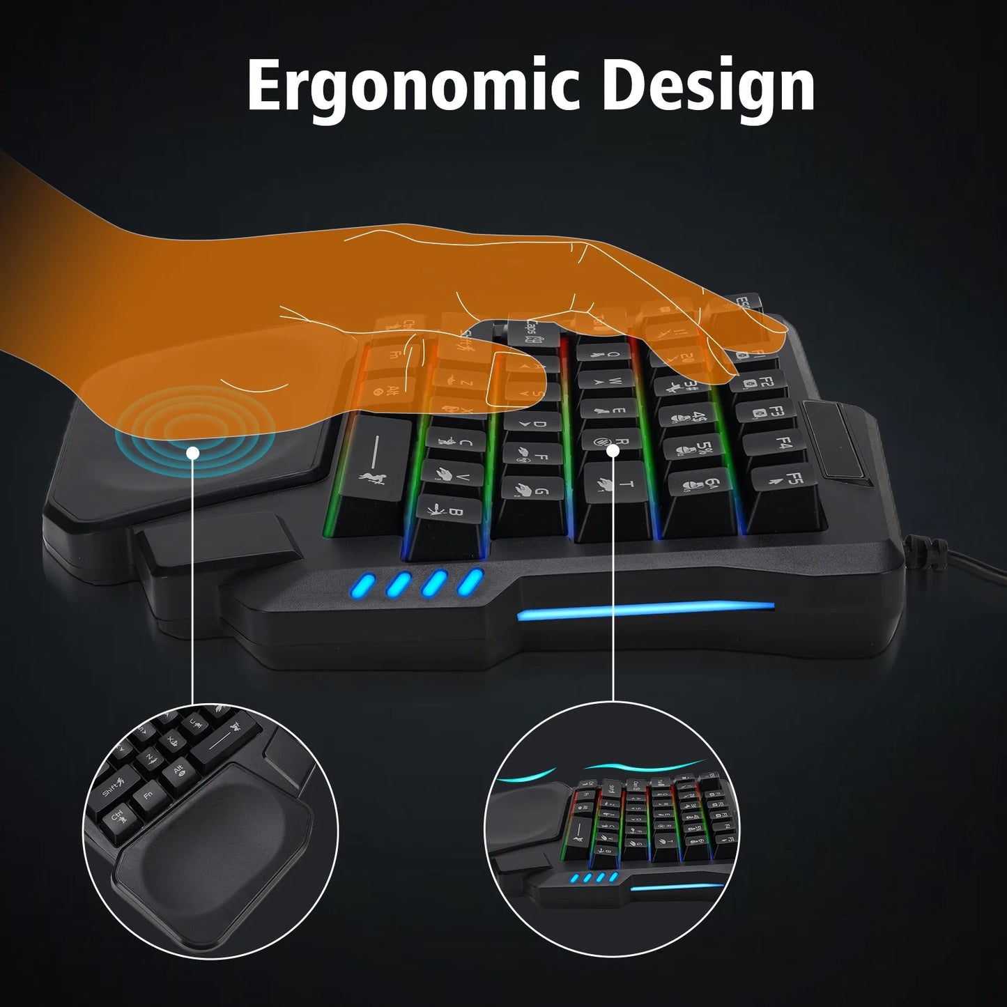 One Handed Gaming Keyboard 35 Keys Waterproof Wide Palm Rest Black Single Handed Keyboard For Computer Mobile Games,35 Keys Gaming Keyboard,K13 Gaming Keypad