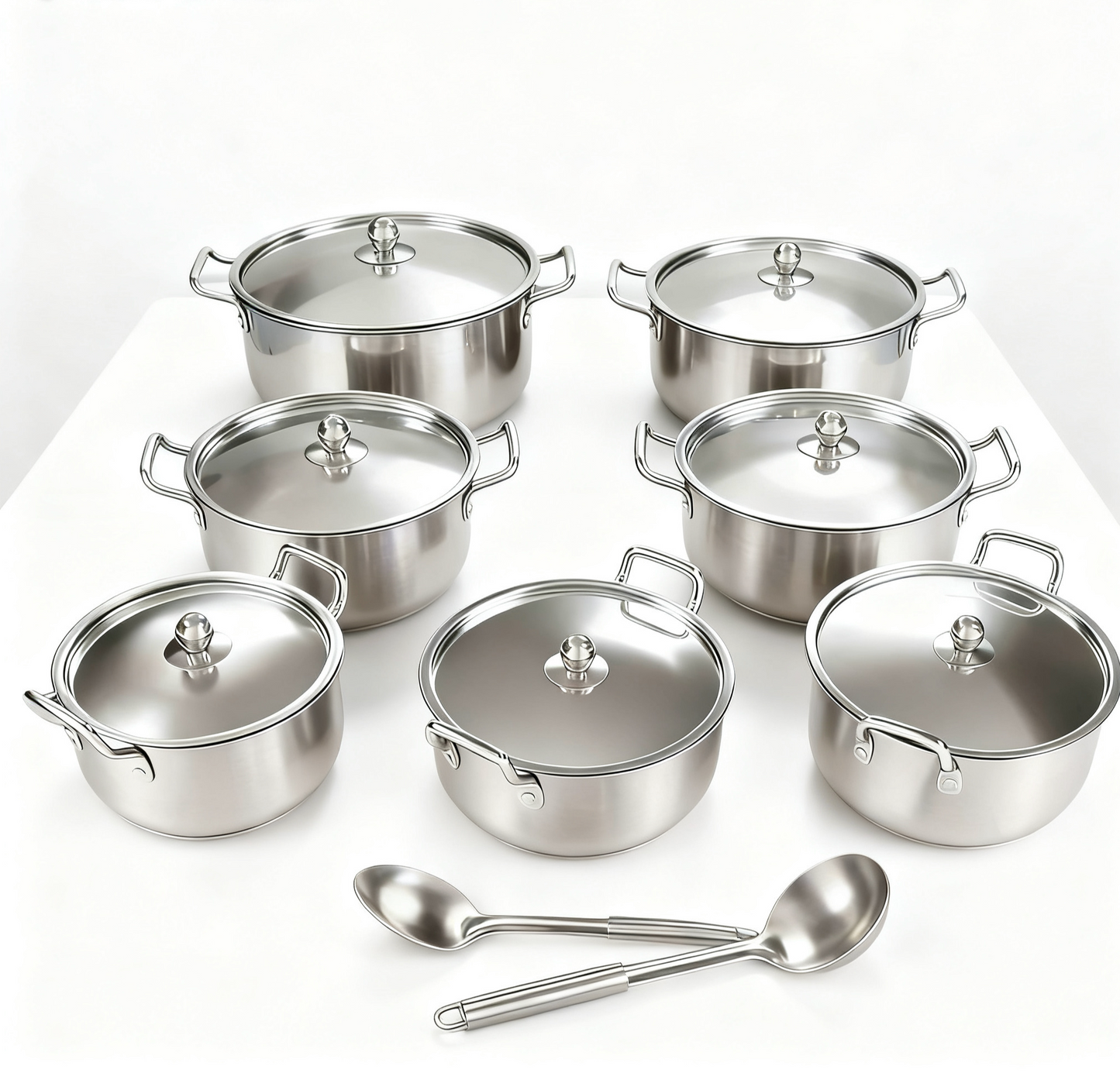 Stainless Steel Pots Sets 16-Piece, Kitchen Cookware Set Saucepan with Glass Lid Stockpot Soup Pot with 2 Ear Handle For Cooking Dishwasher, Silver
