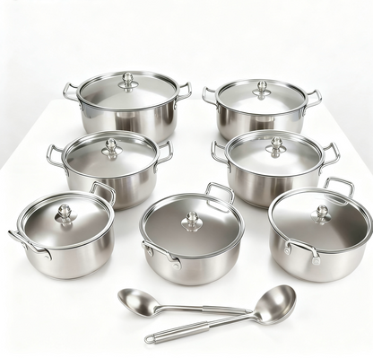 Stainless Steel Pots Sets 16-Piece, Kitchen Cookware Set Saucepan with Glass Lid Stockpot Soup Pot with 2 Ear Handle For Cooking Dishwasher, Silver