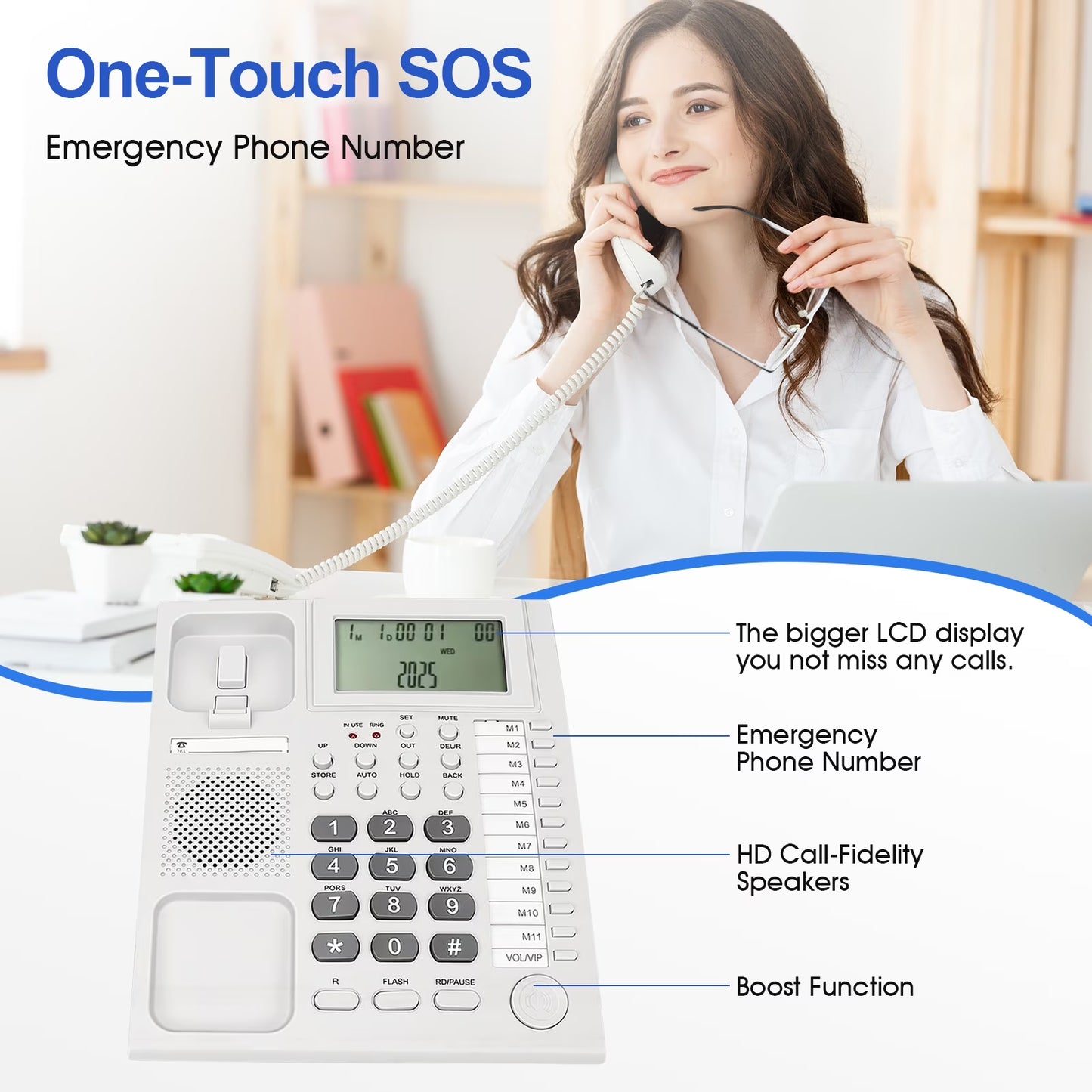 Corded Caller ID Telephone, Landline Home Phones with Backlight LCD Display & Speaker, Office Landline Phone, Loud Ringer & Volume Adjustable, Desktop Speed Memory Dial Telephones for Seniors