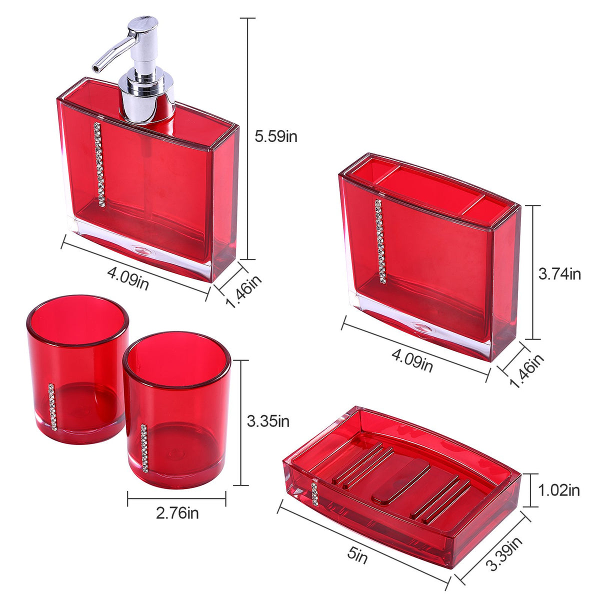 Garosa Red Bathroom Accessories, Acrylic Bathroom Accessories Set With Bath Cup Bottle Toothbrush Holder Soap Dish 5PC/Set For Hotel Home Bathroom Use