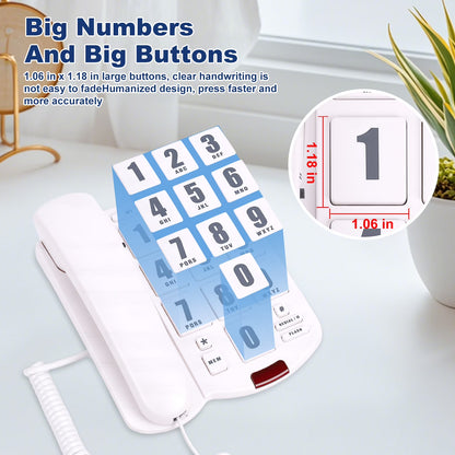 Big Button Phone for Seniors, Corded Landline Telephone for Elderly w/ Visually Disorders/Hearing Damage, Adjustable Volume Large Key Wired Telephone, One-Touch Dialling, Extra Loud Ringer, White
