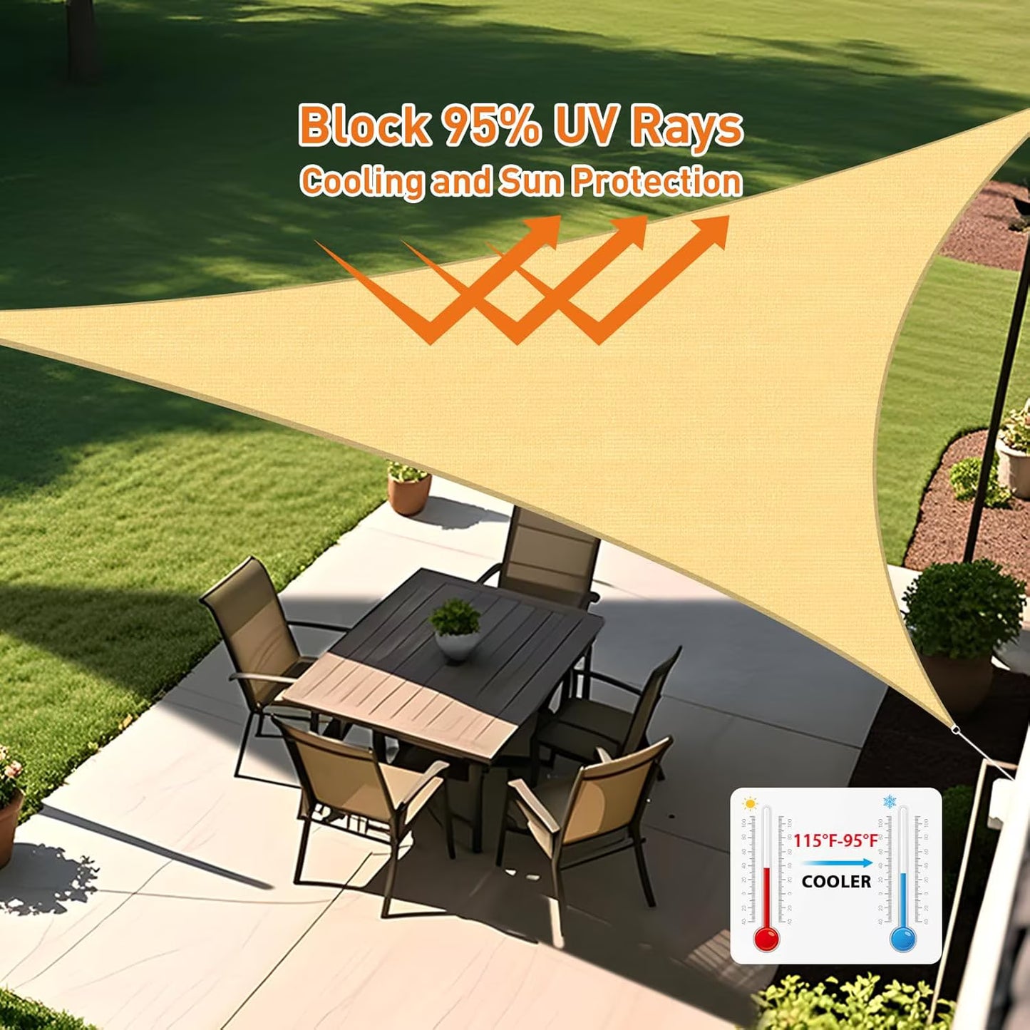 Sun Shade Sail Triangle Waterproof 16.5FT Outdoor Garden Patio Party Sunscreen Awing Triangle Canopy UV Block Sunshade for Patio Backyard Garden Lawn Outdoor with Free Rope, Beige Sand