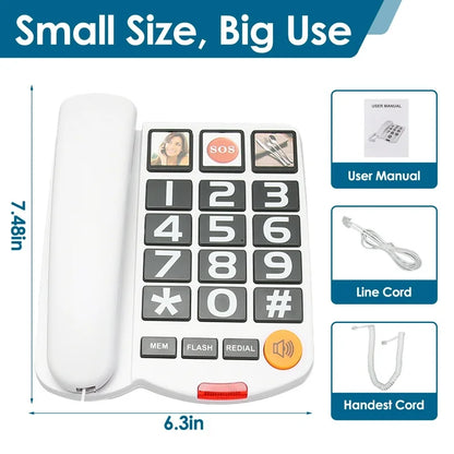 Big Button Phone for Seniors, One-Touch Dialling Corded Landline Telephone with Handsfree, Large Key Adjustable Volume Wired Phone for Visually/Hearing Impaired Elderly, Extra Loud Ringer, Black
