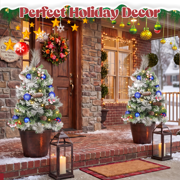 2 Pack 30 inch Prelit Outdoor Pathway Christmas Tree with LED Lights, Battery Operated Snow Flocked Christmas Tree with Pine Needles Cones Balls & Berries, Frosted Urn Filler for Porch Yard Decor
