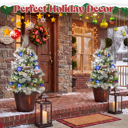 2 Pack 30 inch Prelit Outdoor Pathway Christmas Tree with LED Lights, Battery Operated Snow Flocked Christmas Tree with Pine Needles Cones Balls & Berries, Frosted Urn Filler for Porch Yard Decor
