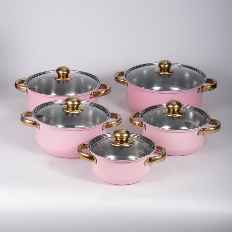 Stainless Steel Pots Sets 10-Piece, Kitchen Cookware Set Saucepan with Glass Lid Stockpot Soup Pot with 2 Ear Handle For Cooking Dishwasher , Pink