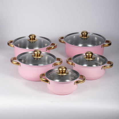 Stainless Steel Pots Sets 10-Piece, Kitchen Cookware Set Saucepan with Glass Lid Stockpot Soup Pot with 2 Ear Handle For Cooking Dishwasher , Pink