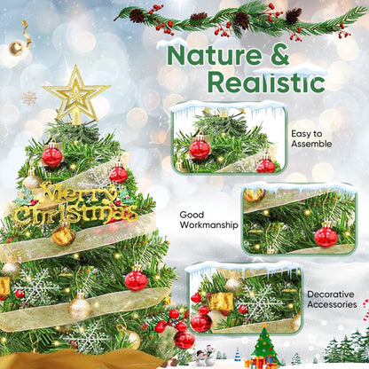 24 inch Tabletop Christmas Tree with LED String Lights/Red Berries Pine Cones, Pre-Lit Mini Christmas Tree w/ 30 DIY Ornaments, 2ft Small Artificial Xmas Tree for Holiday Indoor Christmas Decoration
