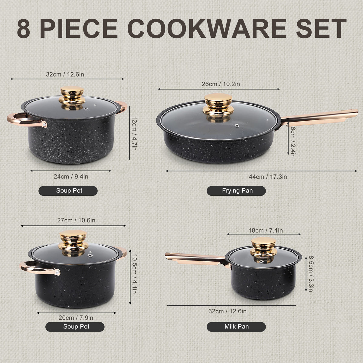 8 Piece Nonstick Pots and Pans Set, Kitchen Cookware Set, Kitchen Pots and Pans Set with Glass Lid for Cooking