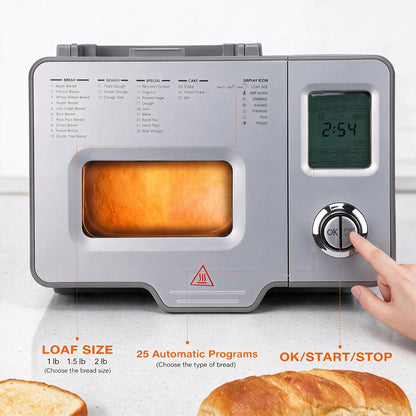 Bread Maker Machine, 25 in 1 Automatic Stainless Steel Bread Machine, 3 Loaf Sizes up to 2 Lb.,3 Crust Colors,Non-stick,Beginner-Friendly Controls, 15 Hour Timer, Easy to Clean Low Noise