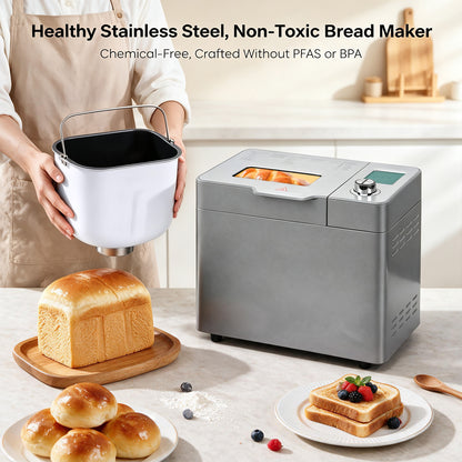 Bread Maker Machine, 25 in 1 Automatic Stainless Steel Bread Machine, 3 Loaf Sizes up to 2 Lb.,3 Crust Colors,Non-stick,Beginner-Friendly Controls, 15 Hour Timer, Easy to Clean Low Noise